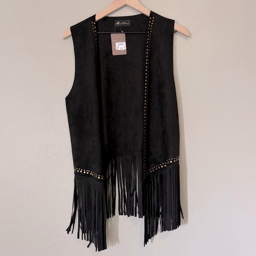 ❤️ Montana West Black Fringe Vest Studded Western Boho NWT One Size